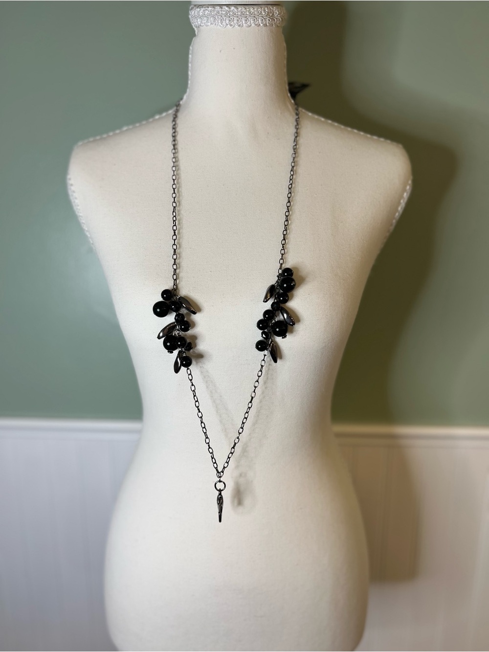 paparazzi Black Bead Cluster Long Necklace/ Badge Holder with Matching Earrings